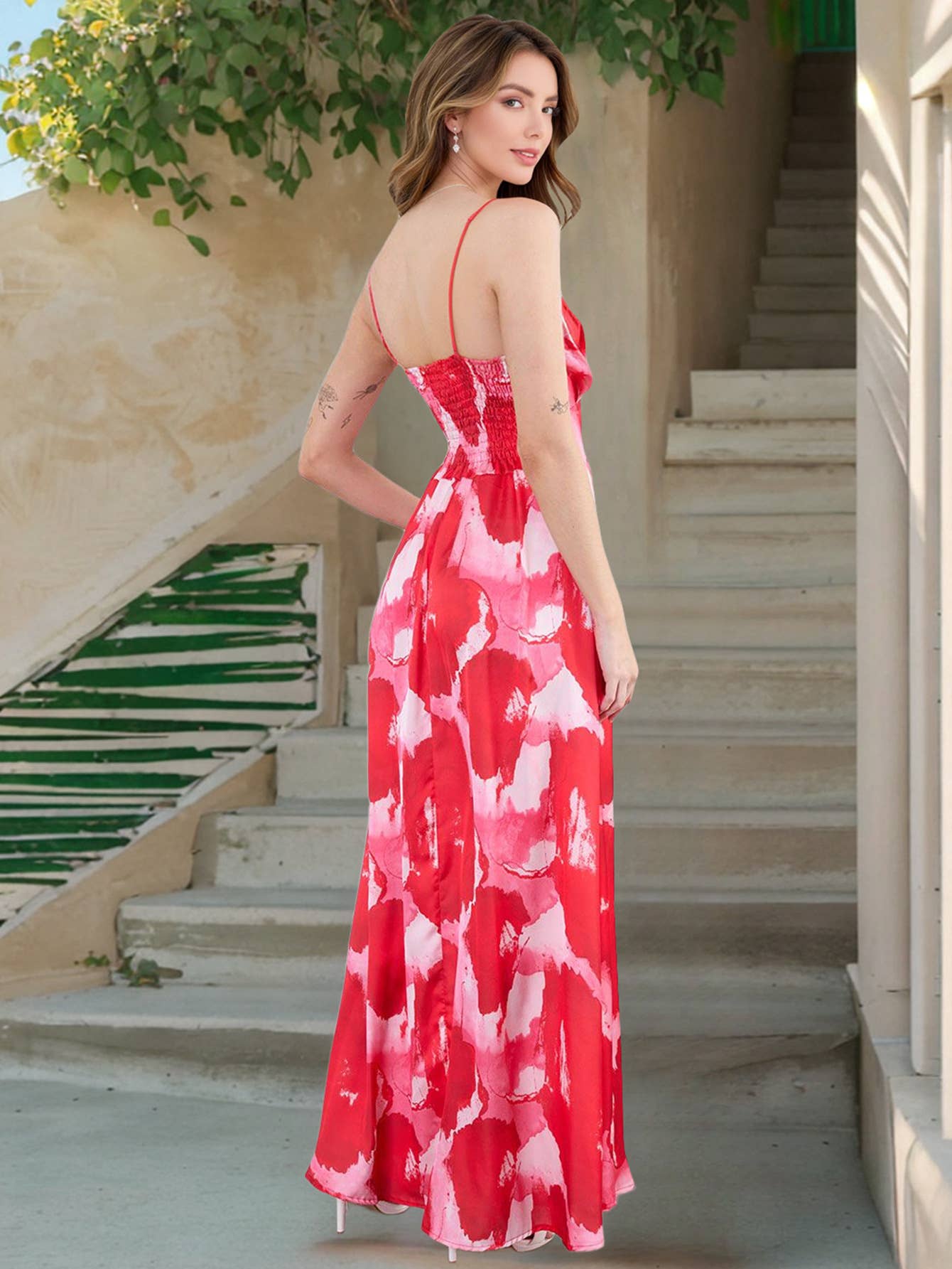 Waist-Cinched Bohemian V-Neck Print Maxi Dress