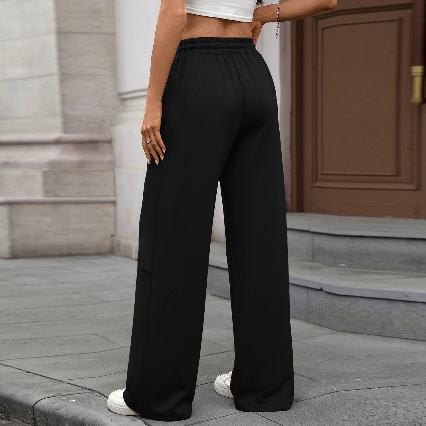 Stretch waist drawstring pocket wide leg pants
