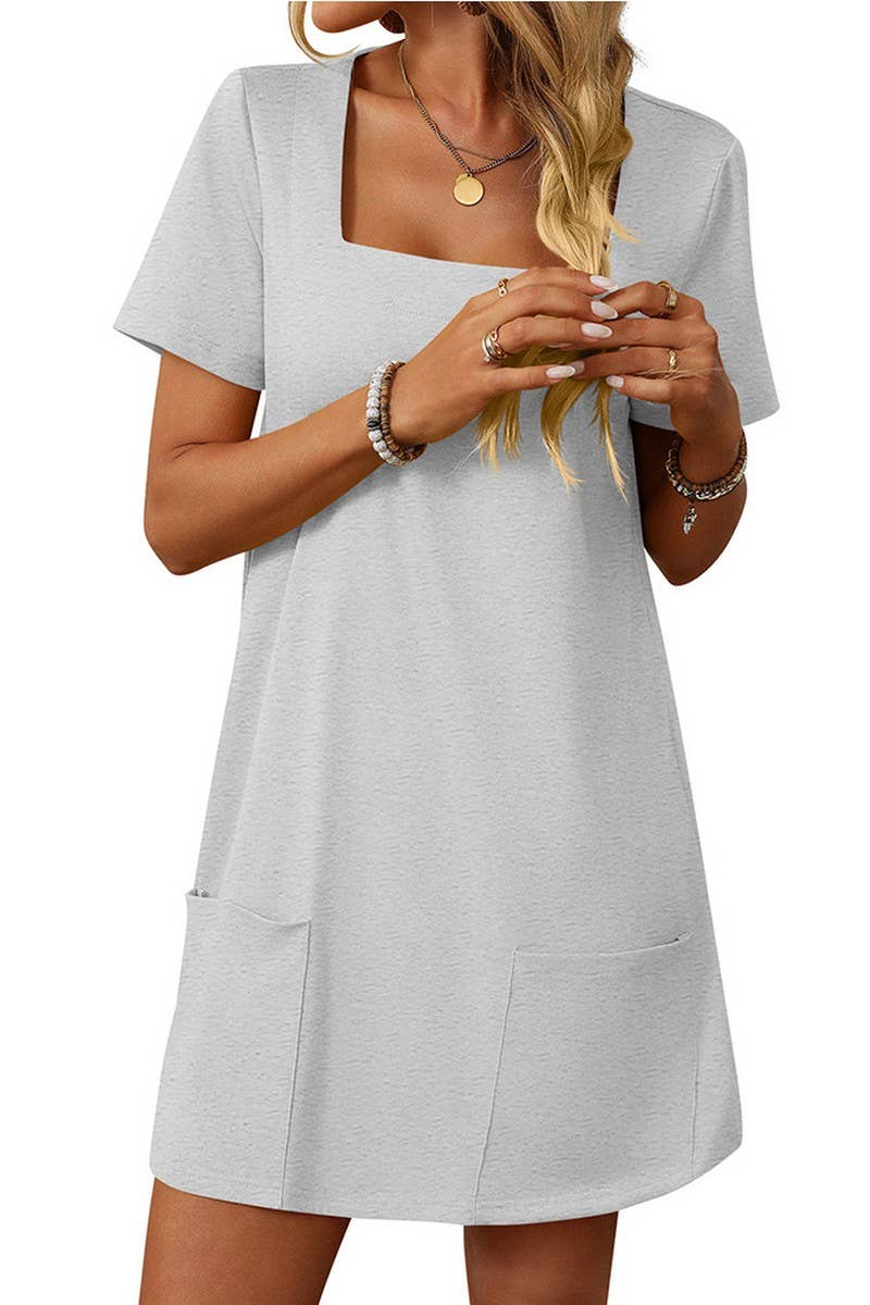 CWDSD7257_SOLID COLOR SQUARE NECK POCKET SHORT SLEEVE DRESS