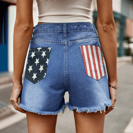 AMERICAN FLAG PRINT WASHED RIPPED DENIM SHORTS_CWJS0212