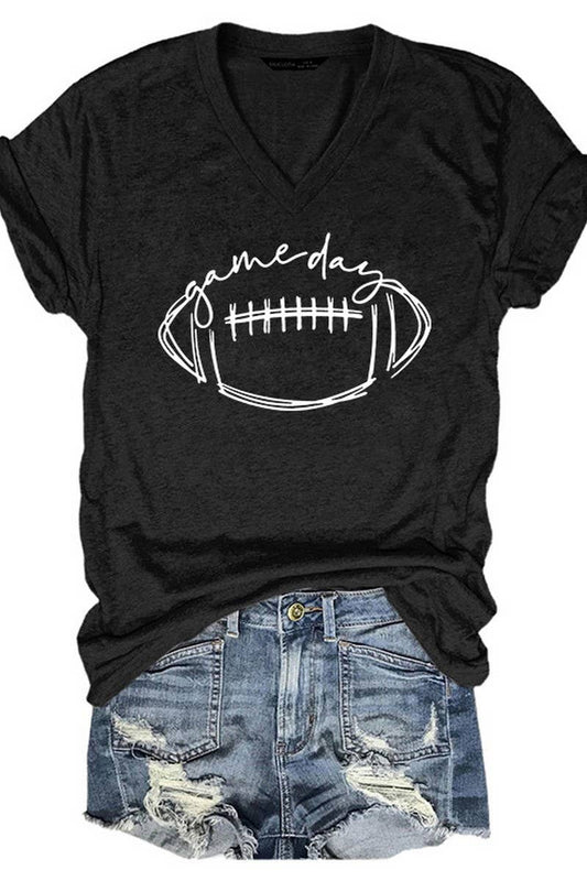 Cwtts1050_V Neck Baseball Print Short Sleeved T Shirt