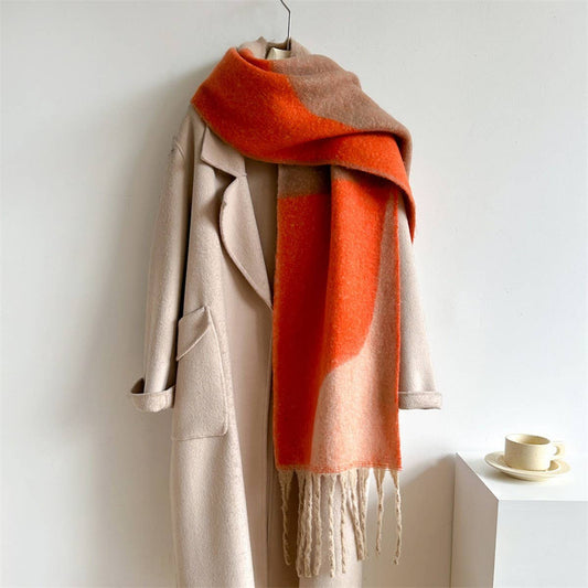 Geometric Fringe Wool Scarf,Thick Colorblock Shawl