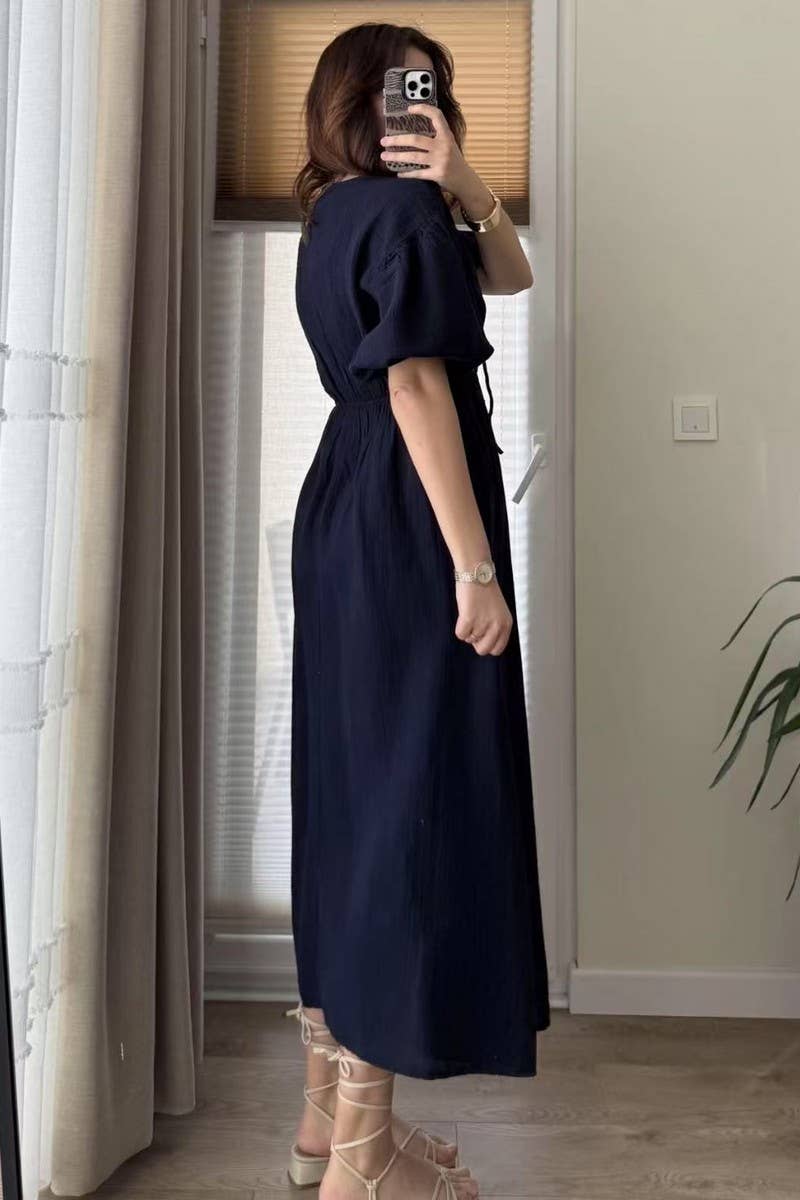 CWDMD5840_V-NECK PUFF SLEEVE SLIM FIT A-LINE DRESS