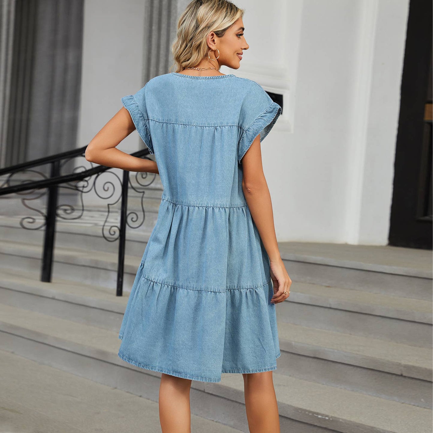 Solid color round neck loose casual denim dress