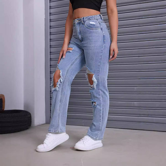 Perforated straight-leg personalized street jeans