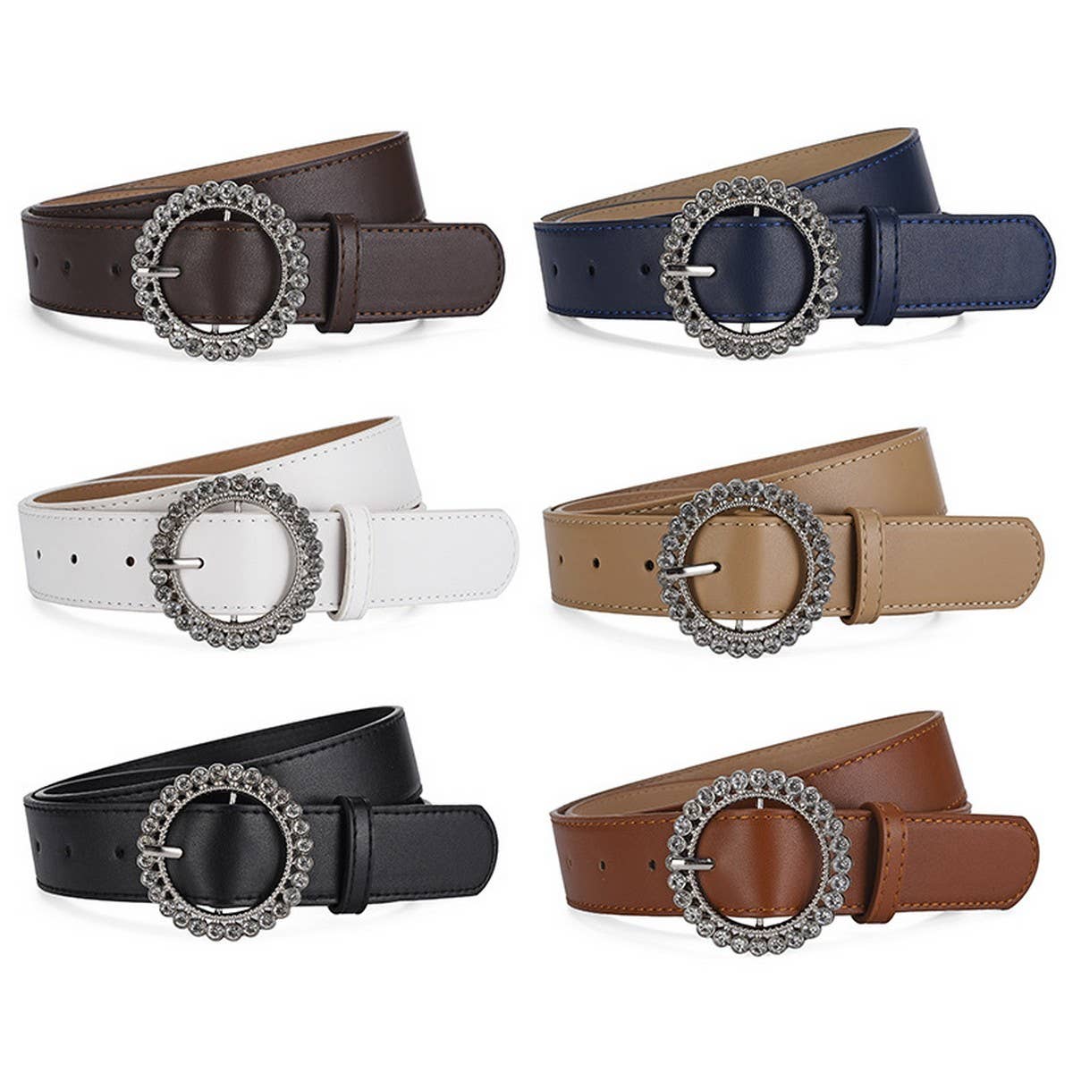 ROUND BUTTON CRYSTAL INLAID SOLID COLOR BELT