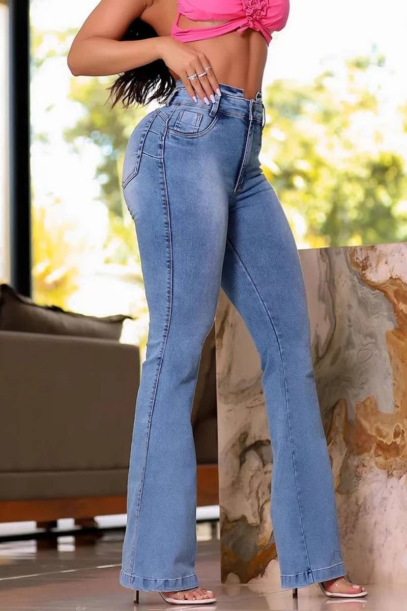 CWJP0588_HIGH WAIST WASHED BOOTCUT DENIM JEANS