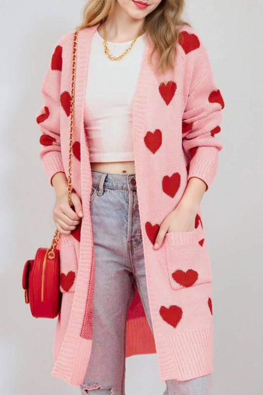 CWOCAL00831_BUTTONLESS HEART PATTERN MIDI KNIT CARDIGAN