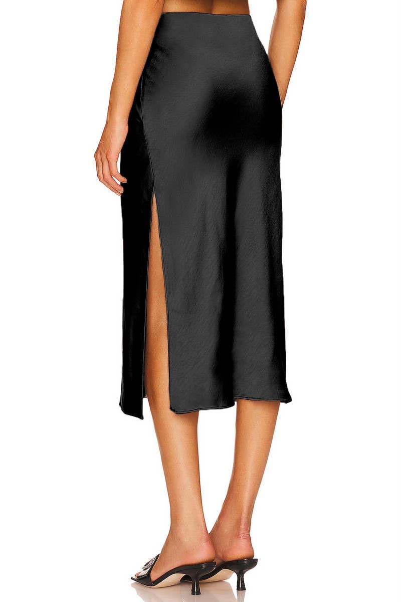 SATIN ELASTIC HIGH WAISTED SOLID SPLIT SKIRT