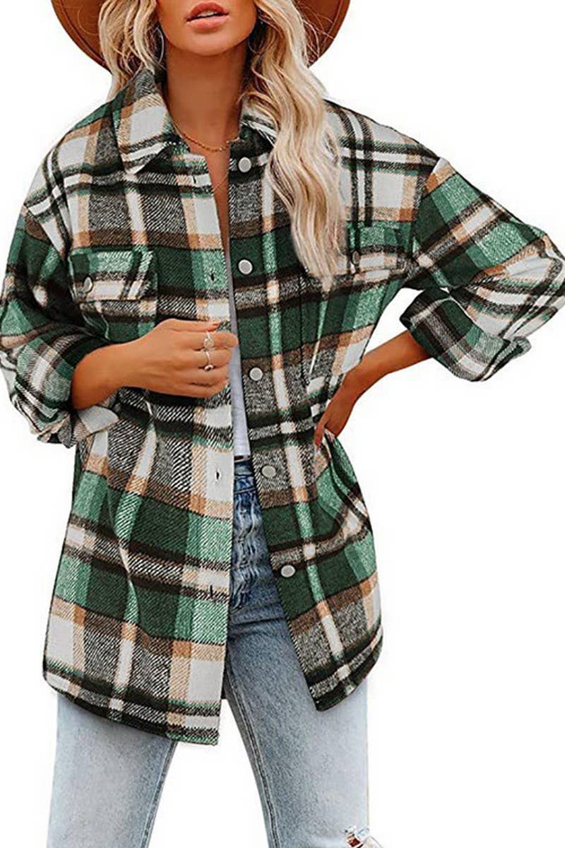 CWOCO0938_LONG-SLEEVED LAPEL LOOSE PLAID THICKENED COAT