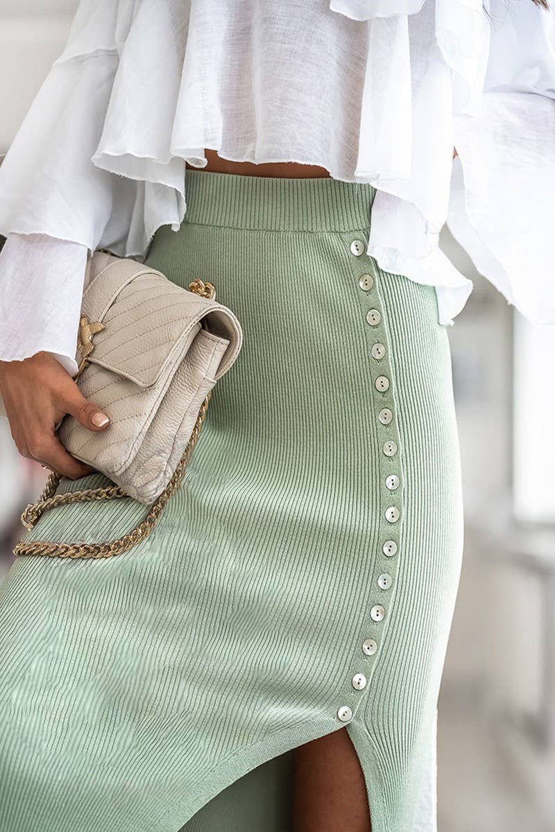 CWBMS0283_RIBBED TEMPERAMENT SLIT BUTTON SKIRT