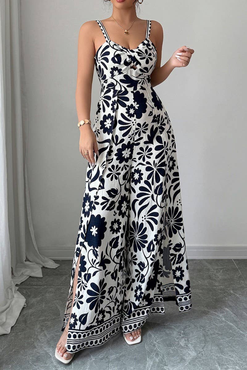 CWDHL0890_ELEGANT TWISTED PRINT SUSPENDERS WIDE-LEG JUMPSUIT