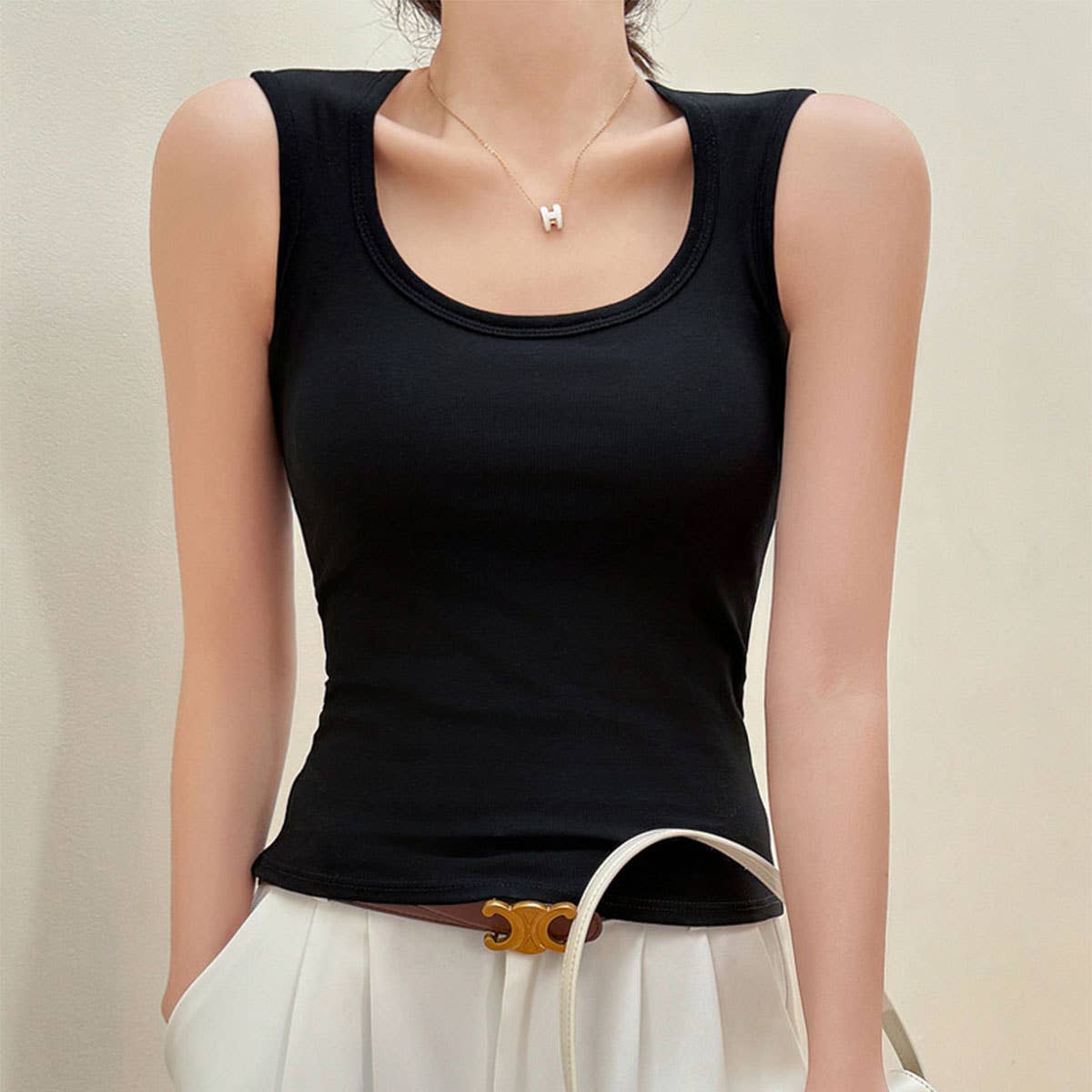 Basic Cotton Camisole Tank Tops With Built In Bra_CWTTK0795