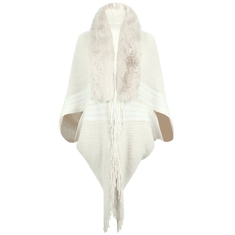 FRINGE CAPE SHAWL KNIT STRIPED FUR COLLAR SCARF