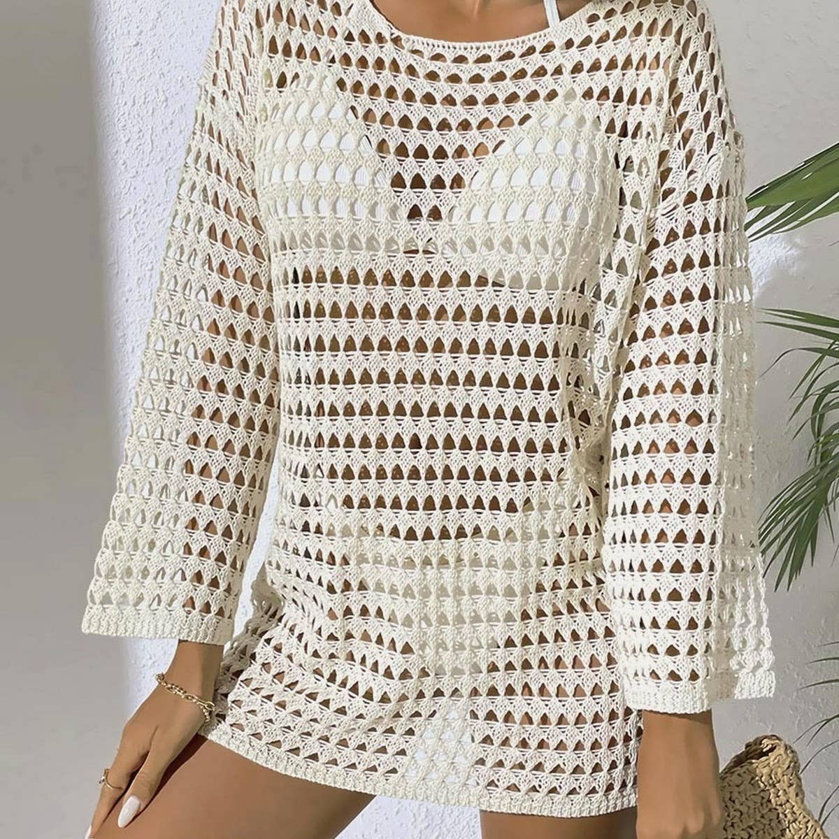 ROUND NECK LONG SLEEVE CUTOUT BIKINI COVER UP