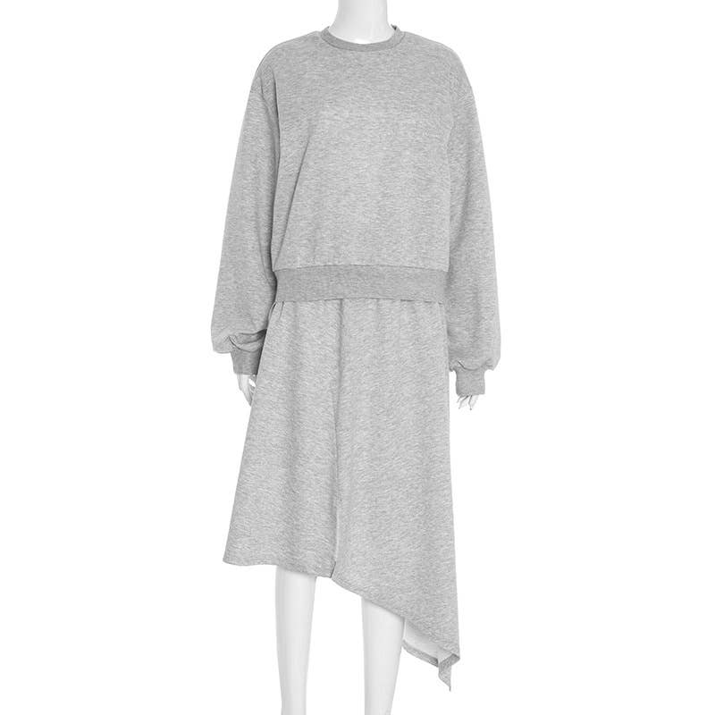 Round-neck casual sweatshirt semi-long skirt set