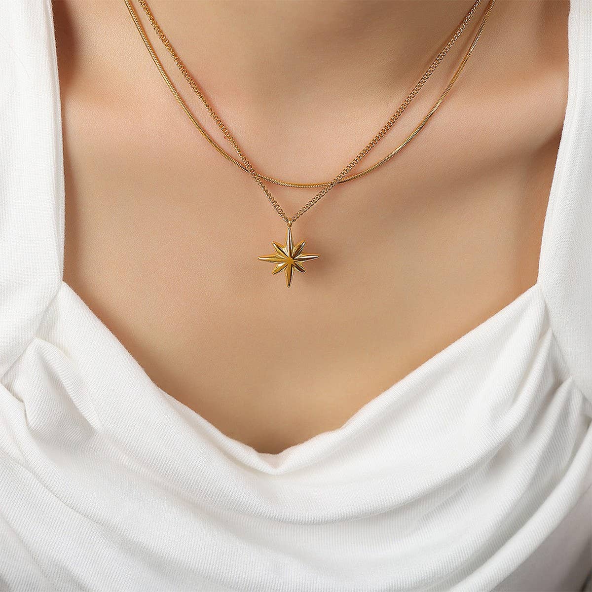 EIGHT POINTED STAR PENDANT DOUBLE LAYERED NECKLACE