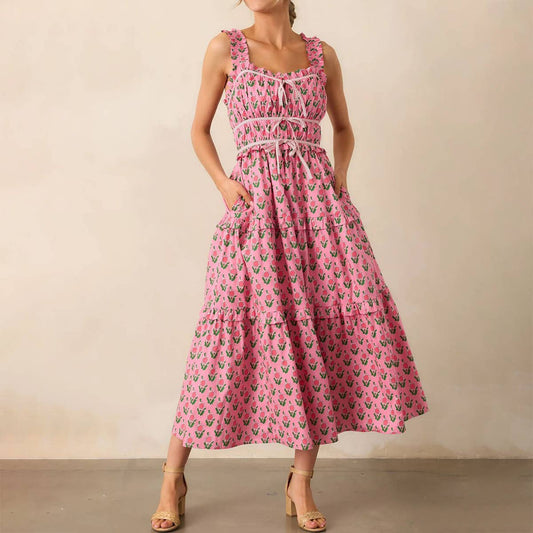 Vacation style long French floral halter dress