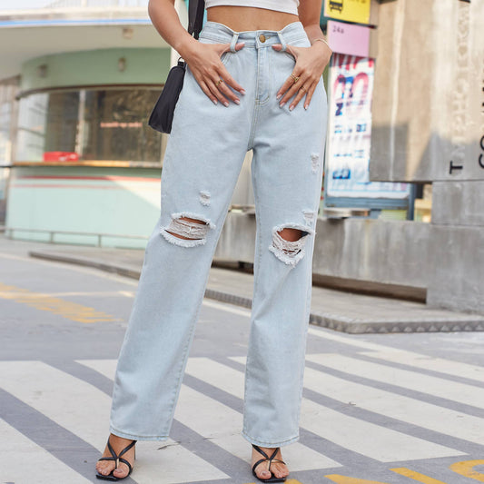 VINTAGE CASUAL RIPPED WASH DENIM PANTS