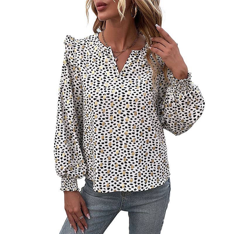 WOMEN LONG SLEEVE V-NECK POLKA DOT RUFFLED SHIRT