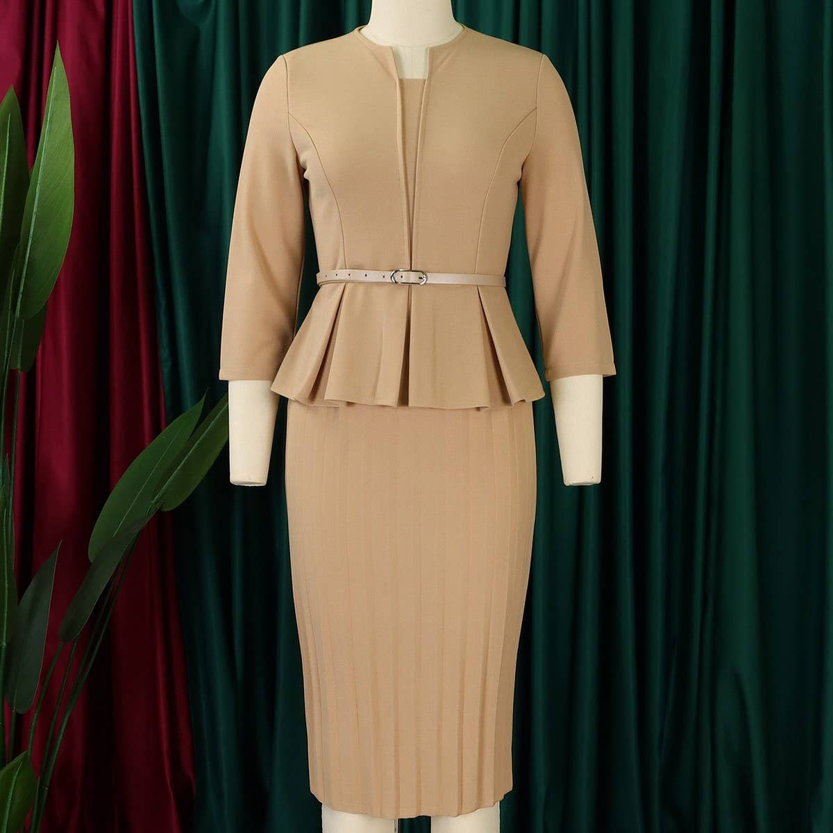 V-NECK RUFFLED HIGH WAIST SLIM COMMUTER DRESS