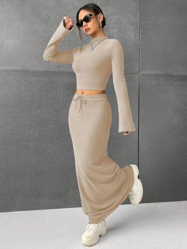 SOLID COLOR LONG SLEEVE TOP LONG SKIRT SET