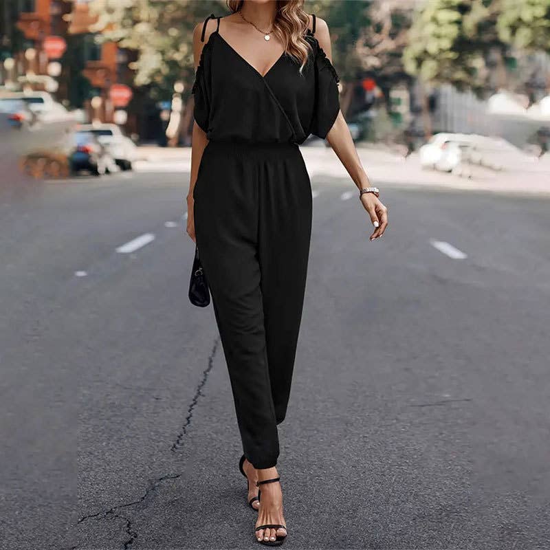 Woven suspender off the shoulder jumpsuit