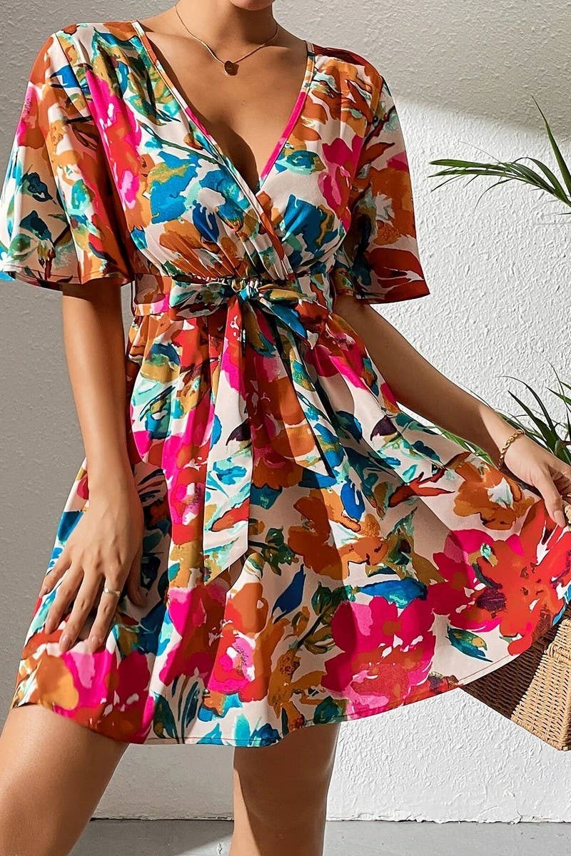 CWDSD6964_FLORAL PRINT CROSSOVER NECK BELTED DRESS