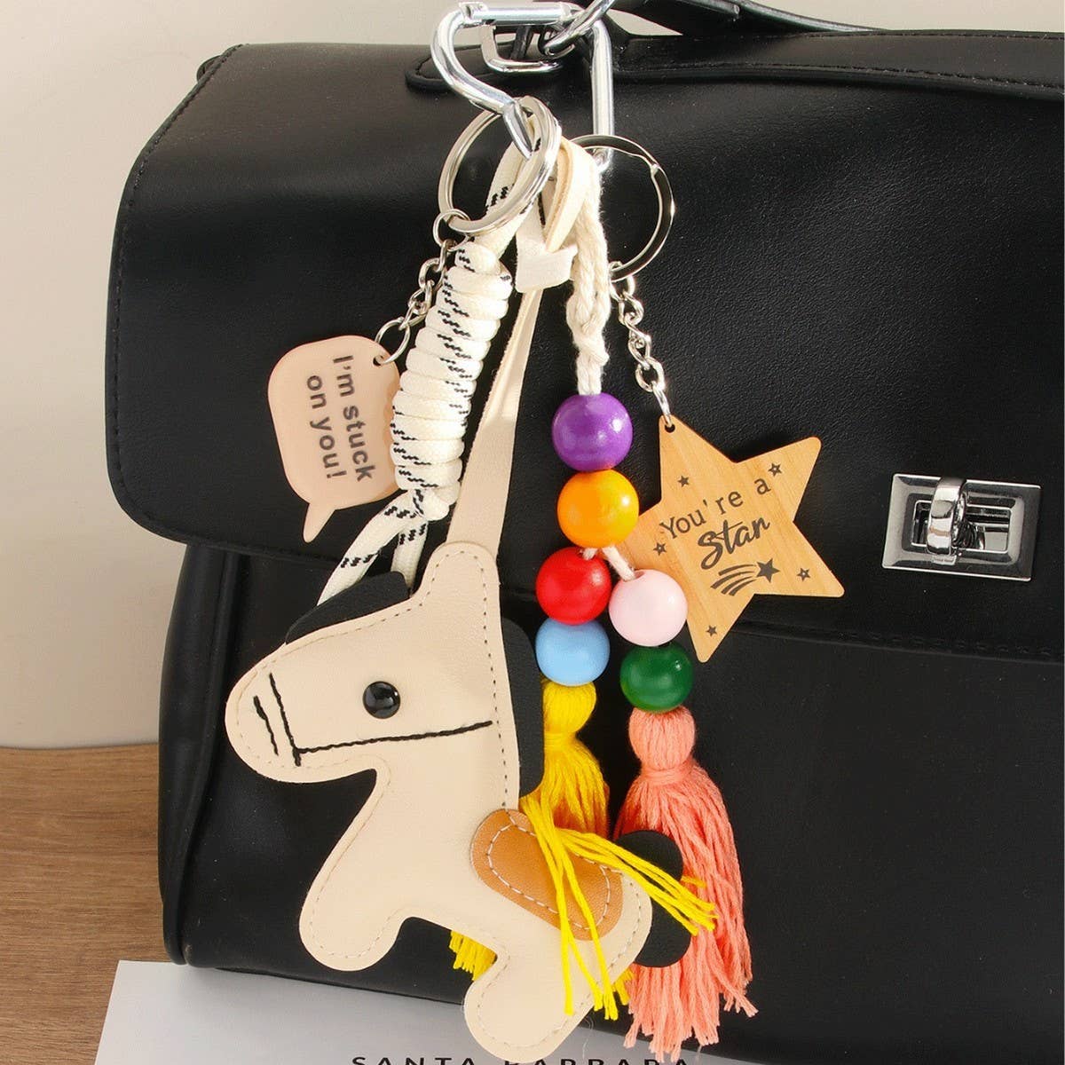 Cream PU Pony Tassel Star Bag Charm Keychain