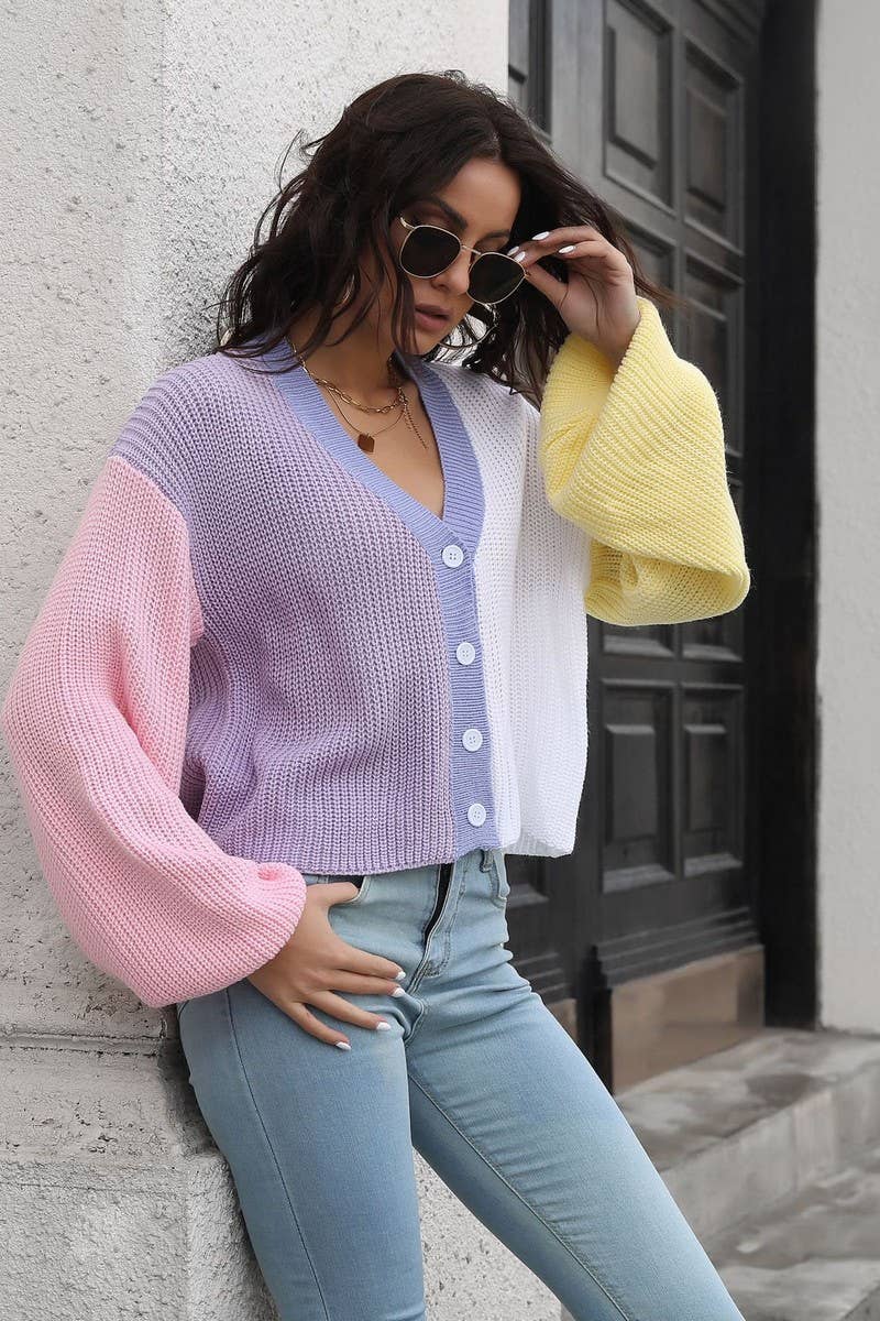 CWOCAL1225_CONTRAST COLOR LONG SLEEVE SHORT KNIT CARDIGAN