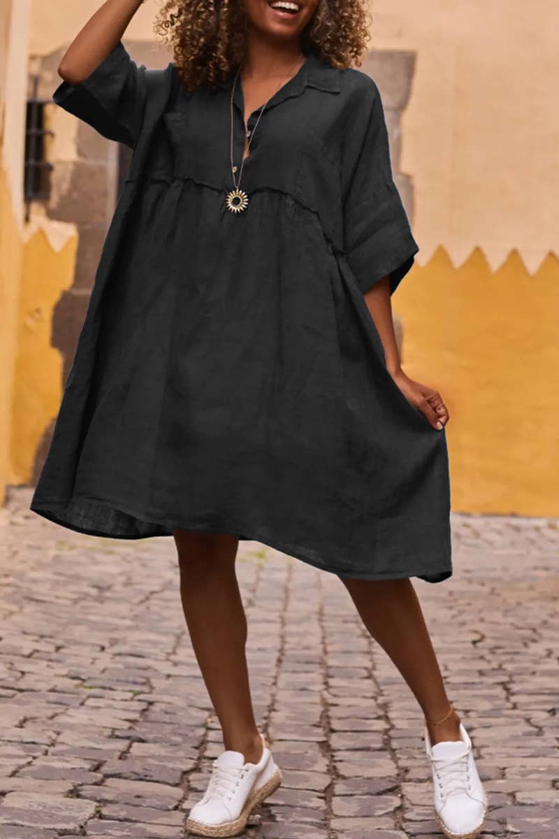 CWDSD8007_LOOSE SOLID COLOR CASUAL BUTTON FASHION DRESS