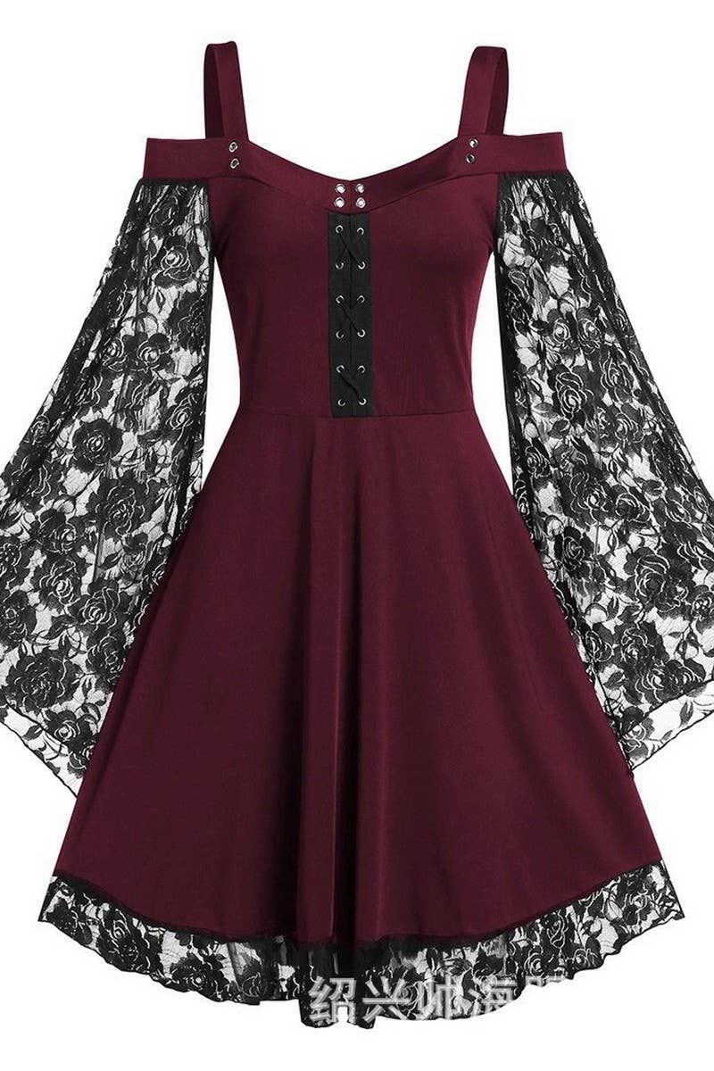 CWDSD10885_OFF SHOULDER VINTAGE LACE PATCHWORK DRESS