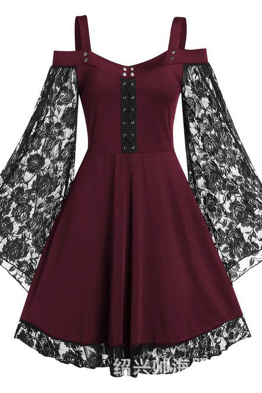 CWDSD10885_OFF SHOULDER VINTAGE LACE PATCHWORK DRESS