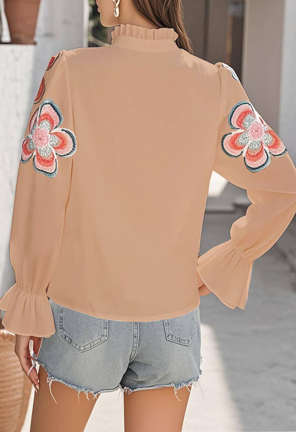 V-neck puffed sleeves ruffled solid-color shirt