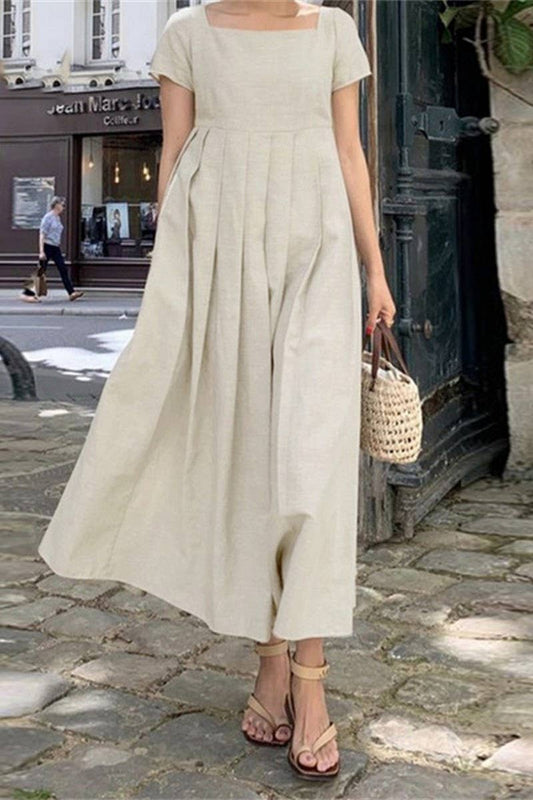 CWDMD3157_COTTON AND LINEN  SQUARE NECK LONG DRESS