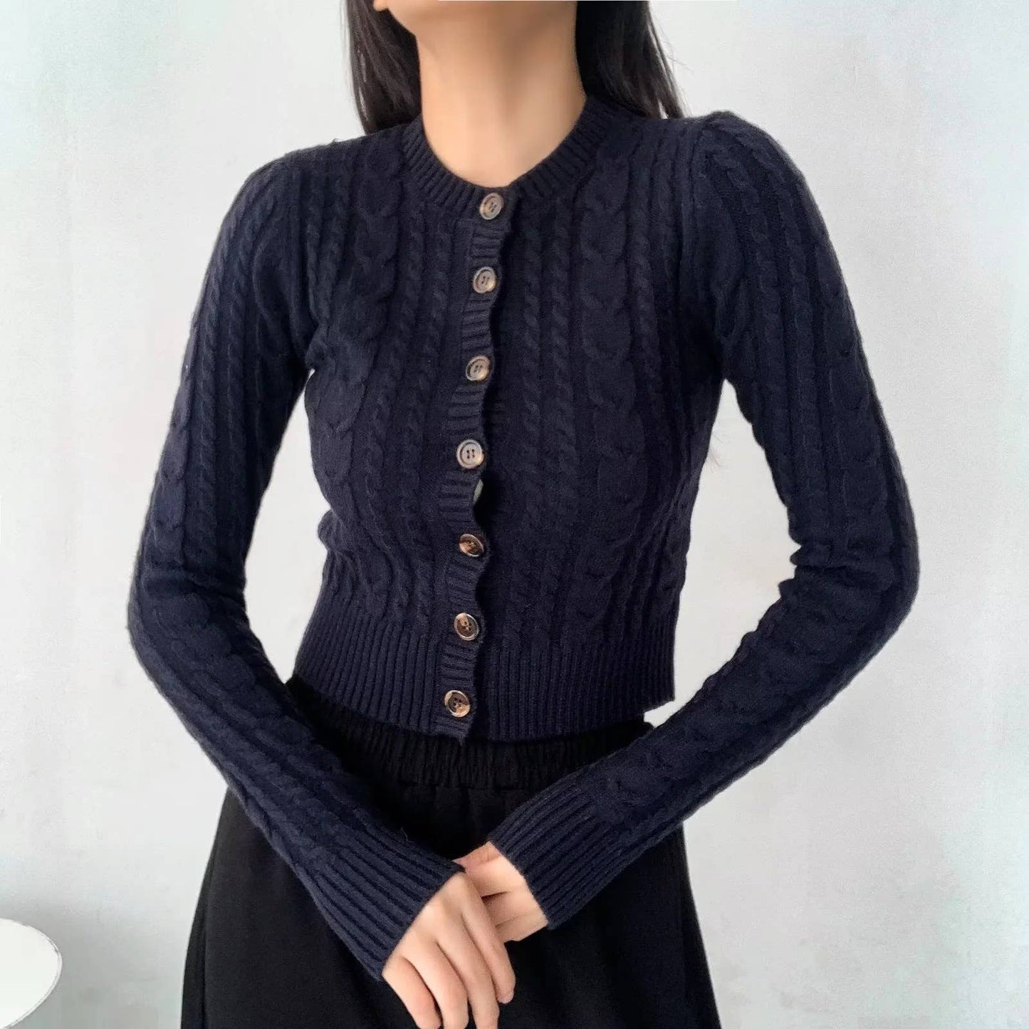 VINTAGE BUTTON-TWIST KNIT SHORT CARDIGAN SWEATER