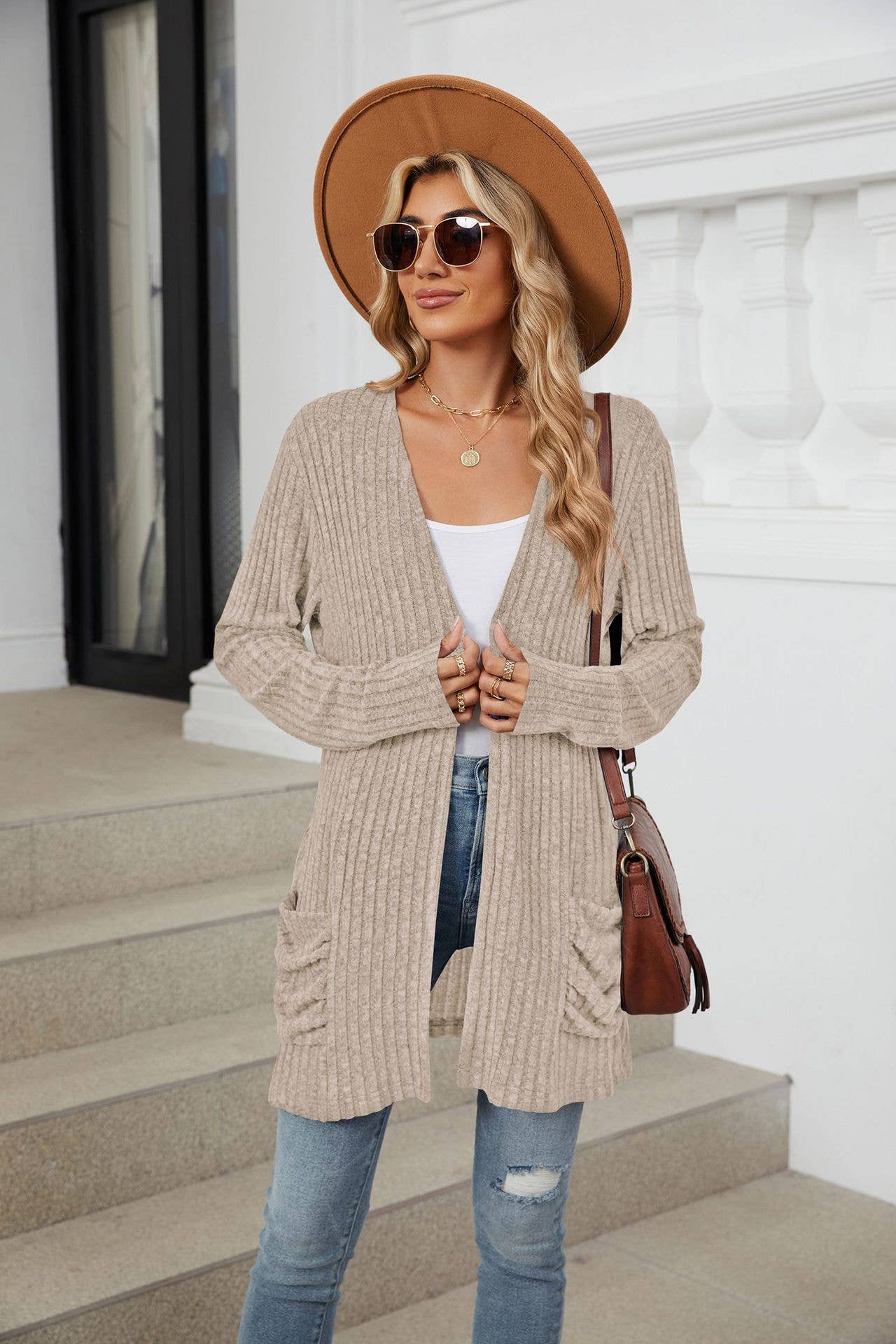 Solid-color casual pocket long-sleeved cardigan