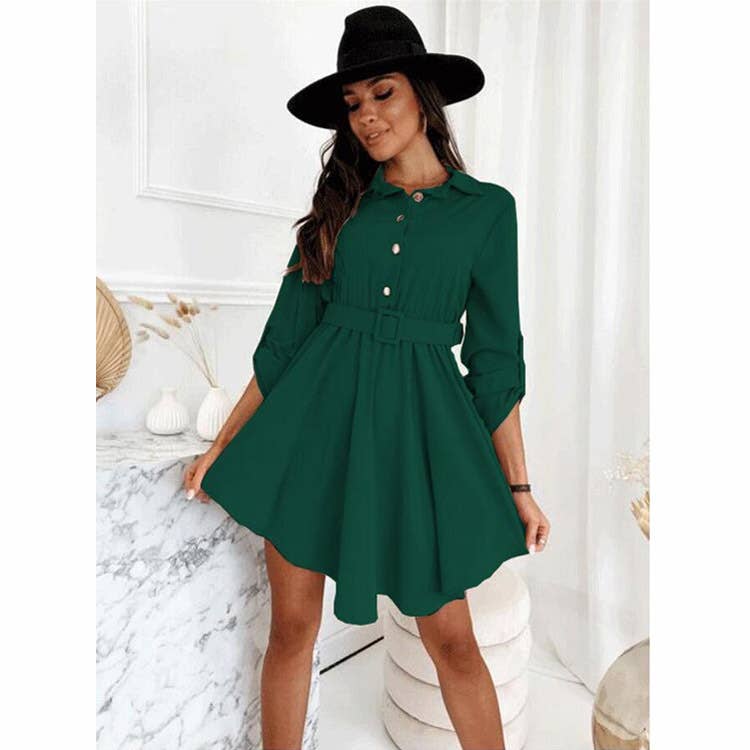 Rolled-up sleeves cinched waist shirt dress