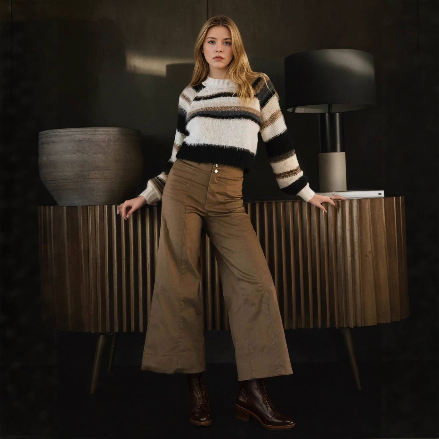 Patchwork design wide-leg work pants