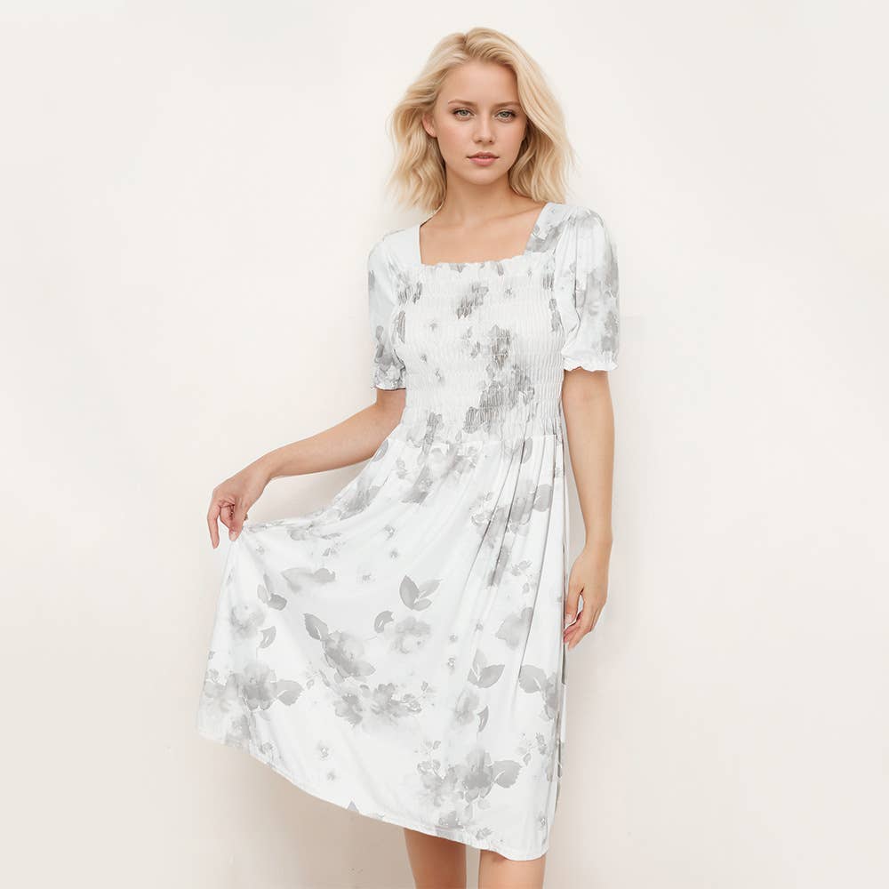 PRINTED DRESS WITH SQUARE COLLAR PUFFED SLEEVES