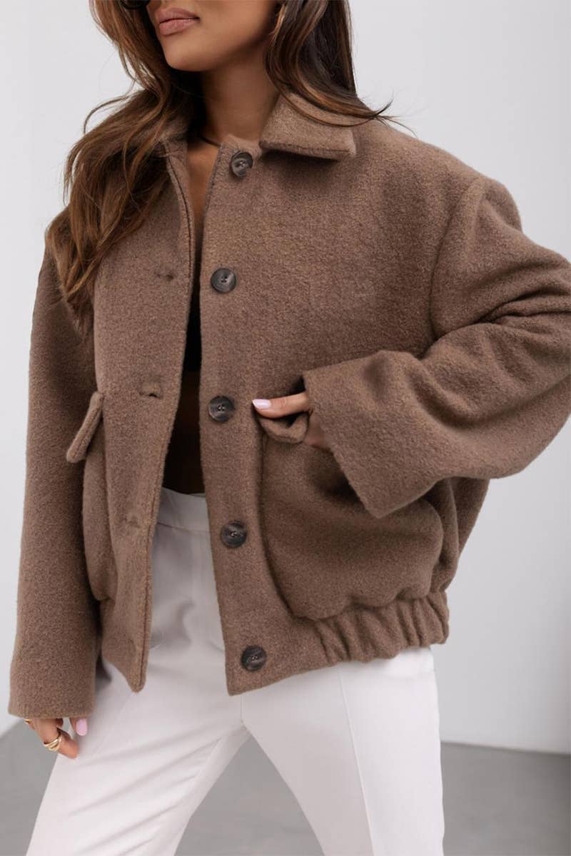 SIMPLE SOLID COLOR SINGLE BREASTED WOOLEN COAT