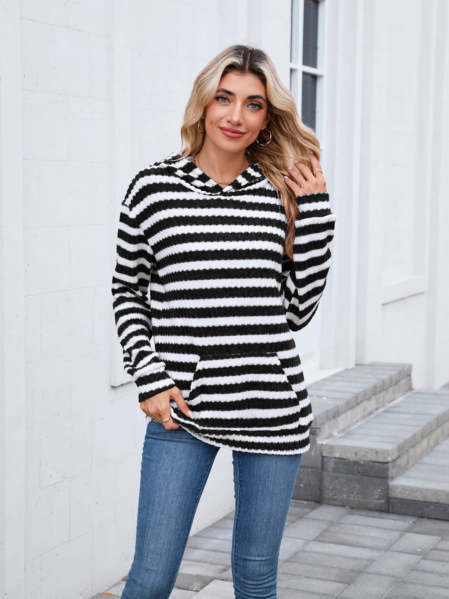 Striped hooded loose long-sleeved sweatshirt