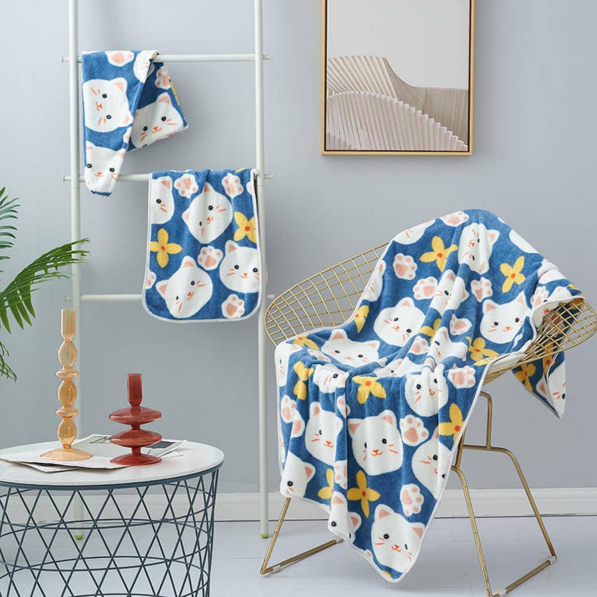 CORAL FLEECE PRINTED SHOWER CAP TOWEL BATH TOWEL