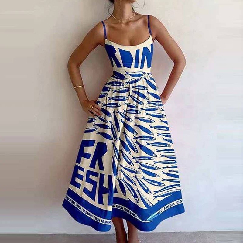 Fashion printed cinched waist,large halter dress