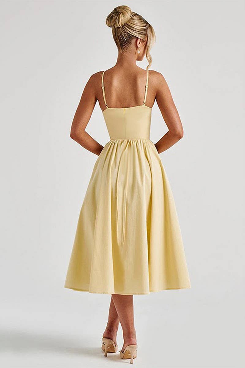 CWDMD5068_SPRING V-NECK SOLID COLOR WAIST SUSPENDER DRESS