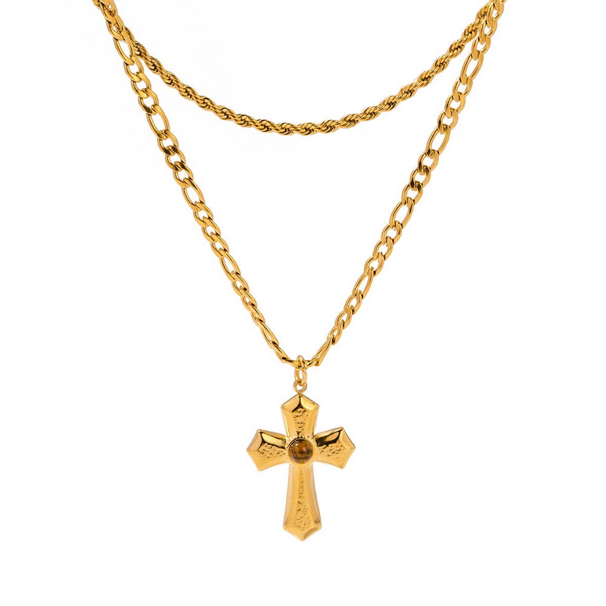 FRENCH PLEATED GOLD CROSS DOUBLE NECKLACE