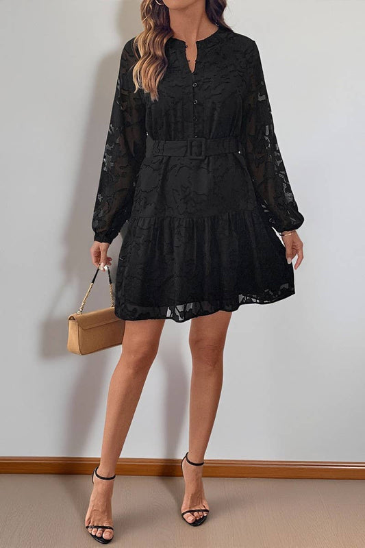 CWDSD10617_ELEGANT JACQUARD BELTED LONG SLEEVE DRESS