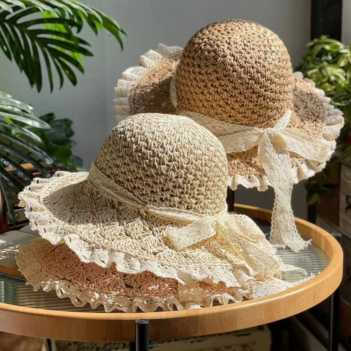 HAND-WOVEN BOW FOLDABLE LACE STRAW HAT_CWAH1174