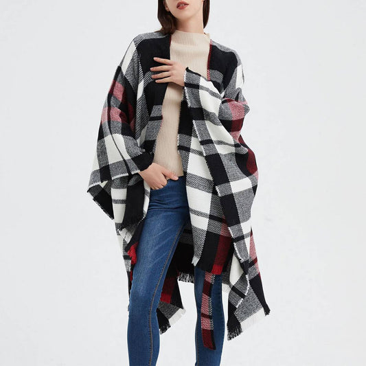 GEOMETRIC BLACK AND RED SHAWL WITH SPLIT HOOD