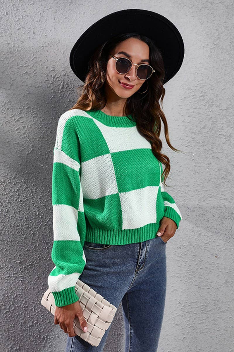 WOMEN RIBBED CREWNECK LONG SLEEVE PLAID SWEATER_CWOSWL1441